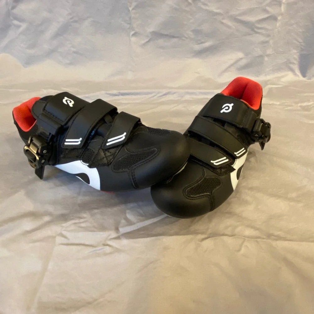 Peloton Cycling Shoes Black Red Cleats Size 38 Hook and Loop‎ Straps
